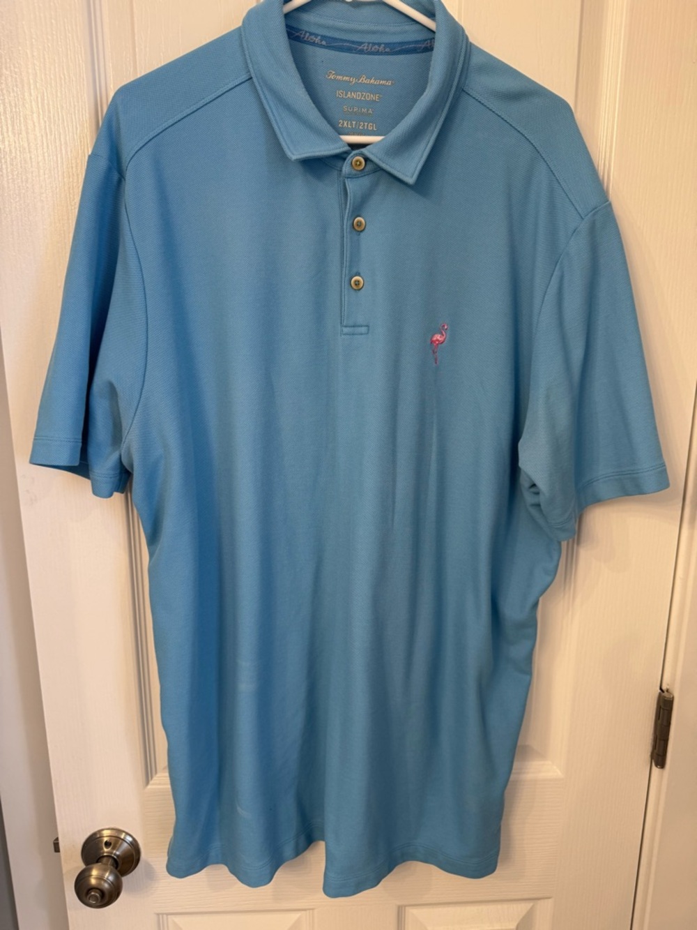 Tommy Bahama Sky Blue Polo with Pink Flamingo Embroidery Size XXL